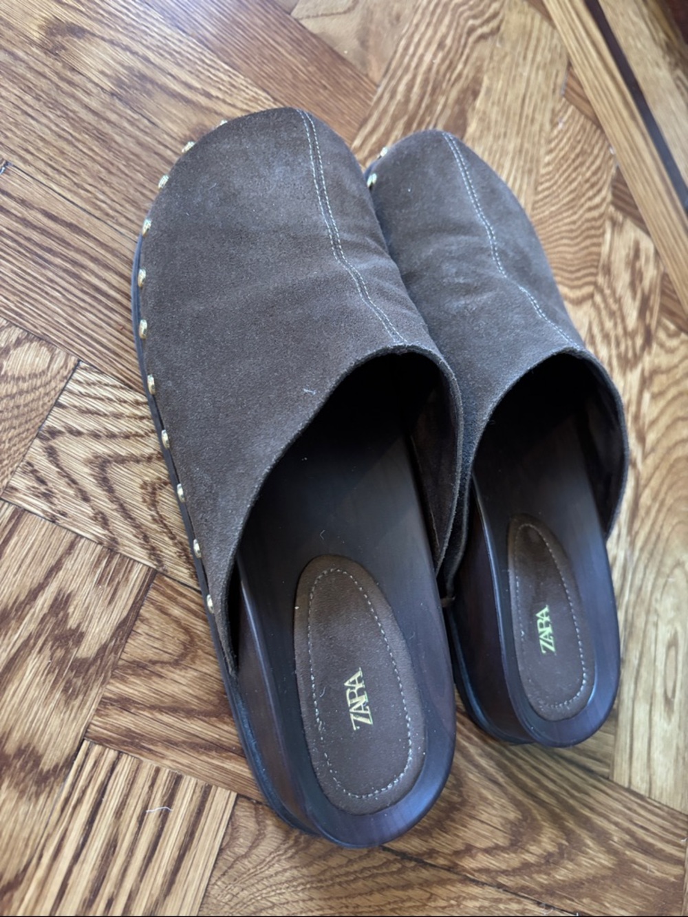 Zara Brown Suede Clogs with Stud Trim
